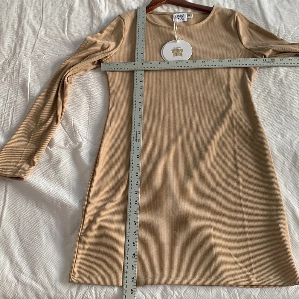 Princess Polly DEAR JANE MINI Ribbed Body Con DRESS BEIGE long sleeve Size 12 - Picture 7 of 10